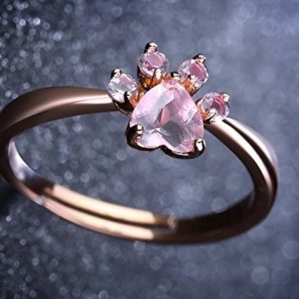 Pink Cat Paw Rhinestone 18kt Gold Plated Adj Ring